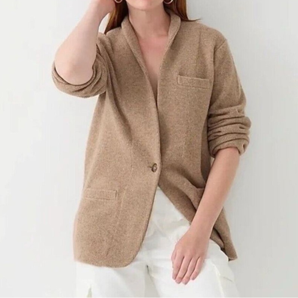 J Crew Cocoon Knit Blazer Womens Large Cardigan Tan Brown Merino Wool Alpaca NWT
